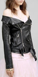 Black Off-Shoulder Faux-Leather Jacket - DESIGNER INSPIRED FASHIONS