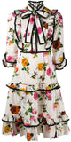 Contrast-Piping Floral Print Ruffle-Trimmed Dress