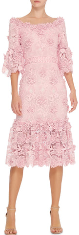 Pink Ruffled Blossom Lace Midi Dress