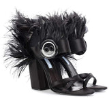Feather-Trimmed Satin Sandals - Black