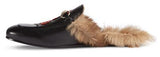 Princetown Fur lined Leather Embroidered Snake Slipper in Black - DESIGNER INSPIRED FASHIONS