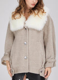 Chevron Oversized Short Wool Coat with Fur Collar