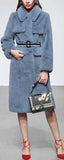 Belted Faux-Fur Coat, Steel Blue