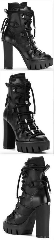 Rope Lace-Up Leather Boots in Black