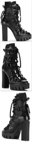 Rope Lace-Up Leather Boots in Black