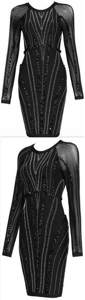 Black Embellished Sheer-Sleeved Stretchy Dress