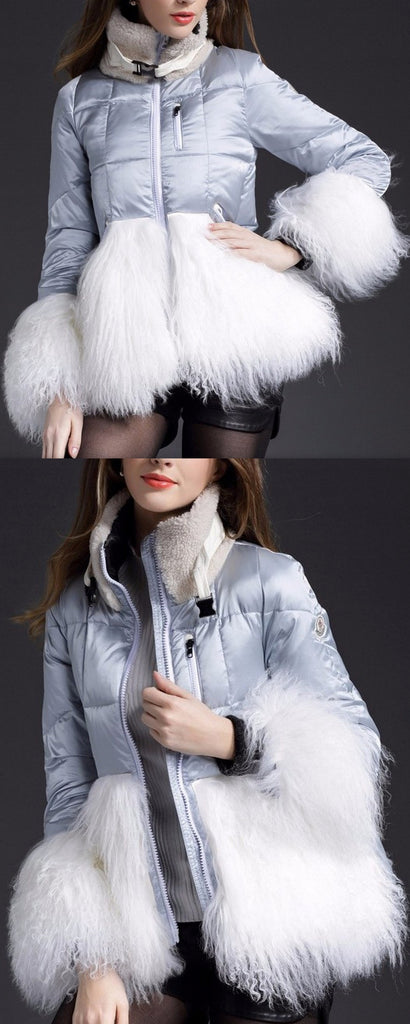 Short Puffer Down Coat with Sheep Wool/Fur, Silver