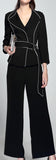 Belted Black Blazer with Contrast Piping and Wide-Leg Pant Set