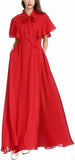 Flutter-Sleeve Long Gown with Tie-Neck Collar, Red
