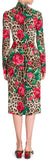 Leopard Rose Print Tie Neck Tubino Dress