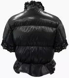 Black Puffer Sleeveless Jacket with Flower Appliques