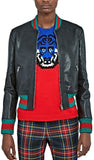 Contrast-Stripe Embroidered Leather Bomber Jacket - DESIGNER INSPIRED FASHIONS