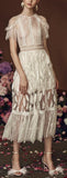 Leaf Embroidered Lace and Mesh Midi Dress