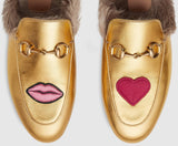 Princetown Fur lined Embroidered Lip & Heart Slipper in Gold - DESIGNER INSPIRED FASHIONS