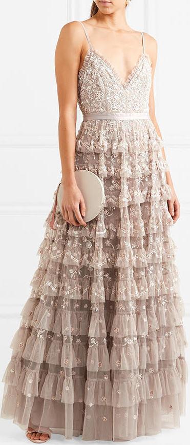 Marie Tiered Embellished Tulle Gown Beige Universal Inspired Fashions