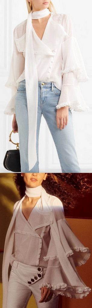 Bell-Sleeved Tie-Neck Blouse