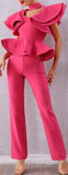 Ruffle Peplum Top and Pant Set, Hot Pink