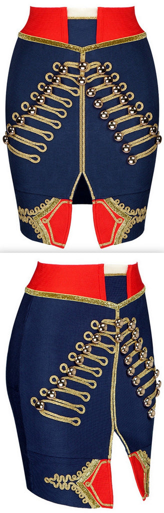 Embellished Military Stretch Mini Skirt