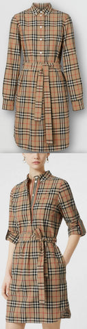 Vintage Check Cotton Tie-waist Shirt Dress