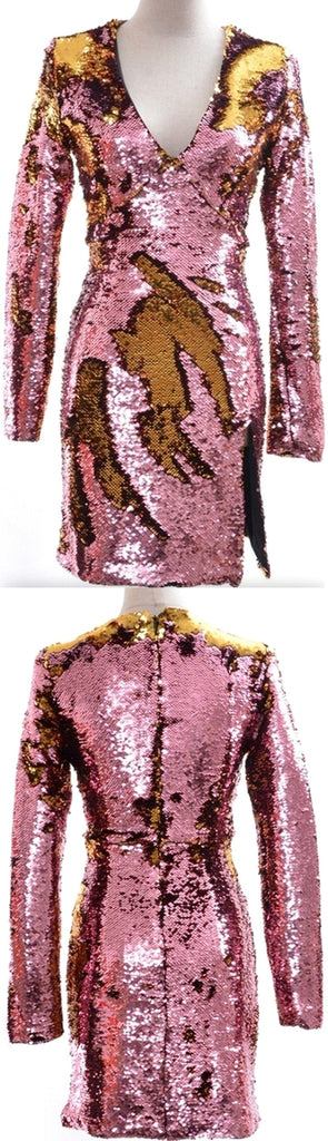 Two-Toned Sequined V-Neck Mini Dress