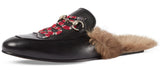Princetown Fur lined Leather Embroidered Snake Slipper in Black - DESIGNER INSPIRED FASHIONS