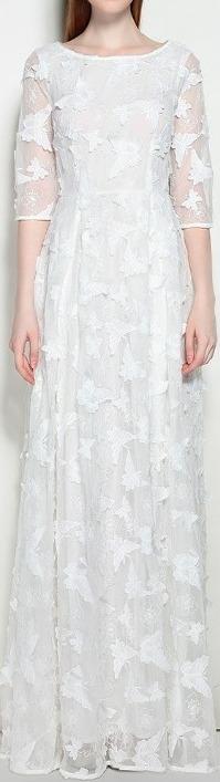 Butterfly-Embroidered Mesh Gown, White