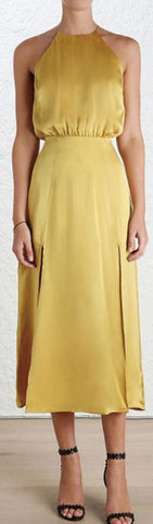 Picnic Sueded Halter Dress, Mustard/Yellow
