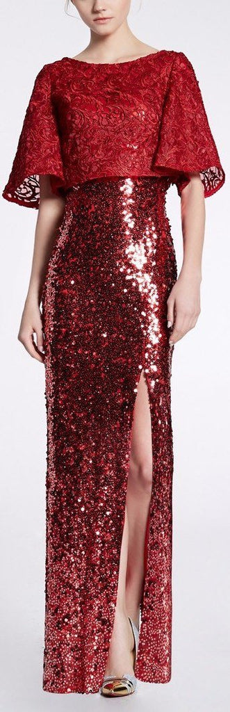 Sequin-Embellished Gown with Macrame Capelet