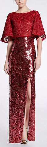 Sequin-Embellished Gown with Macrame Capelet