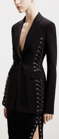 'Merrie' Lace-up Black Blazer - DESIGNER INSPIRED FASHIONS