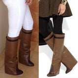 Knee Wedge Brown Leather Boots - DESIGNER INSPIRED FASHIONS