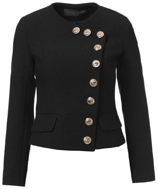 Asymmetric Lion-Head Button-Embellished Short Jacket in Black - DESIGNER INSPIRED FASHIONS