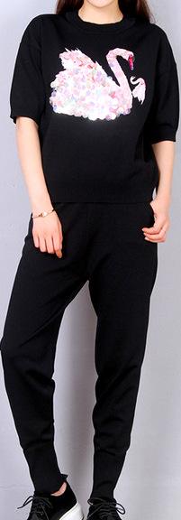 Embellished Swan Short-Sleeve Sweater and Pant Set