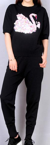 Embellished Swan Short-Sleeve Sweater and Pant Set