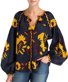 Embroidered Linen Blouse, Dark Blue
