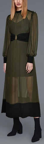 Color-Contrast Long-Sleeve Chiffon Dress