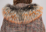 Printed-Pocket Fur-Hooded Short Tweed Coat