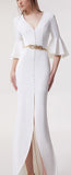 Long Bell-Sleeve Button-Embellished White Gown | DESIGNER INSPIRED FASHIONS