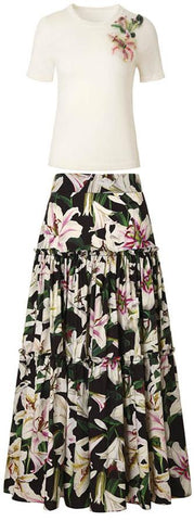 Embellished T-Shirt and Floral-Print Midi Skirt | DESIGNER INSPIRED FASHIONS