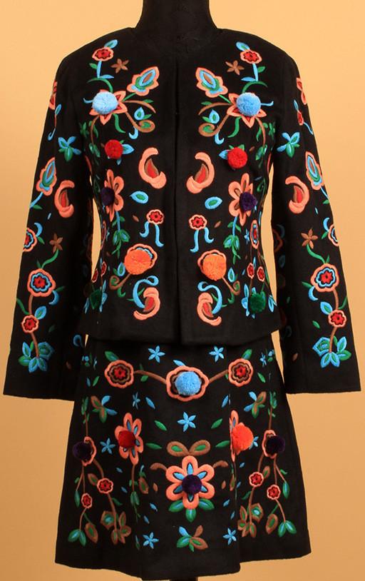 Black Heavily Embroidered Wool-Blend Jacket & Skirt Set - DESIGNER INSPIRED FASHIONS