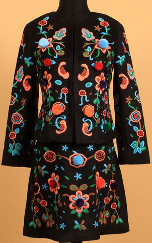 Black Heavily Embroidered Wool-Blend Jacket & Skirt Set - DESIGNER INSPIRED FASHIONS