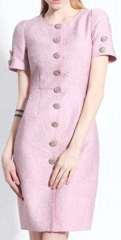 Button-Embellished Jacquard Dress-Pink - DESIGNER INSPIRED FASHIONS