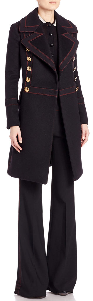 'Luggage' Stitch Denim Double-Breasted Military Style Trench Coat & Matching 'Luggage' Stitch Flare Jeans in Black - DESIGNER INSPIRED FASHIONS