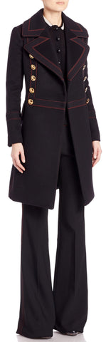 'Luggage' Stitch Denim Double-Breasted Military Style Trench Coat & Matching 'Luggage' Stitch Flare Jeans in Black - DESIGNER INSPIRED FASHIONS