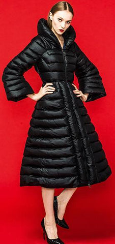 Thick White-Duck-Down Flared Puffer Coat in Black - DESIGNER INSPIRED FASHIONS