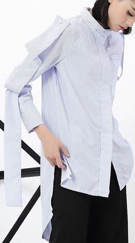 Layered-Sleeve Striped Asymmetric Shirt - DESIGNER INSPIRED FASHIONS