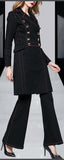'Luggage' Stitch Denim Double-Breasted Military Style Trench Coat & Matching 'Luggage' Stitch Flare Jeans in Black - DESIGNER INSPIRED FASHIONS
