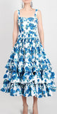 Blue-Floral-Printed Tiered Sundress