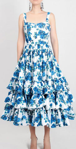 Blue-Floral-Printed Tiered Sundress
