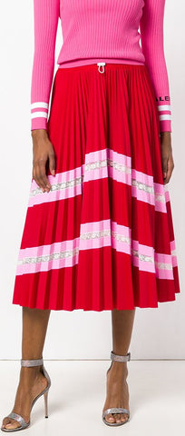 Patterned Pleated Midi Skirt with Lace, Red